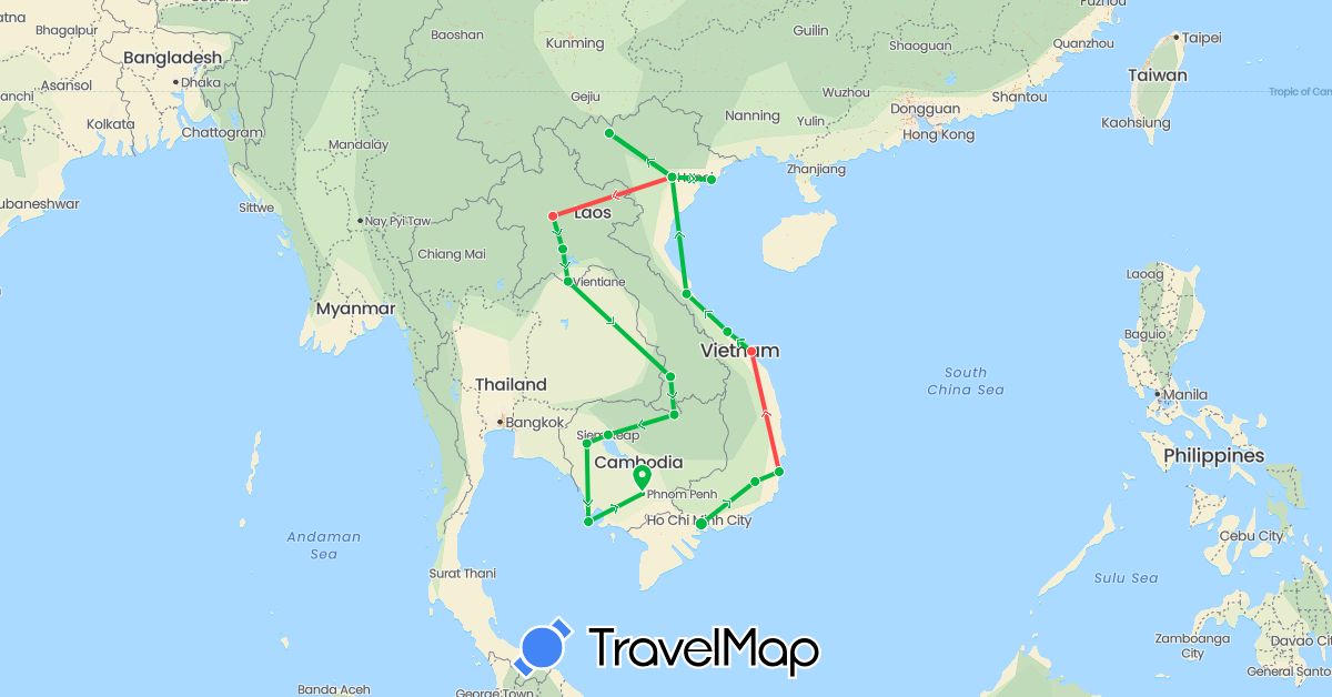 TravelMap itinerary: driving, bus, hiking in Cambodia, Laos, Vietnam (Asia)